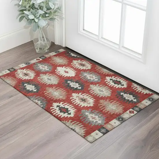 Red Ivory And Gray Southwestern Washable Area Rug With UV Protection Photo 2