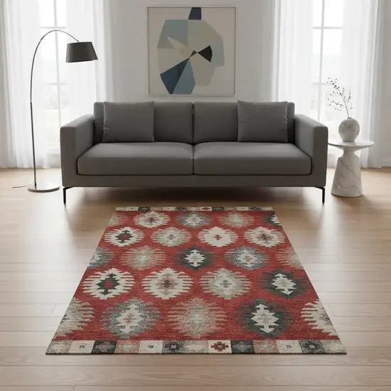 Red Ivory And Gray Southwestern Washable Area Rug With UV Protection Photo 2