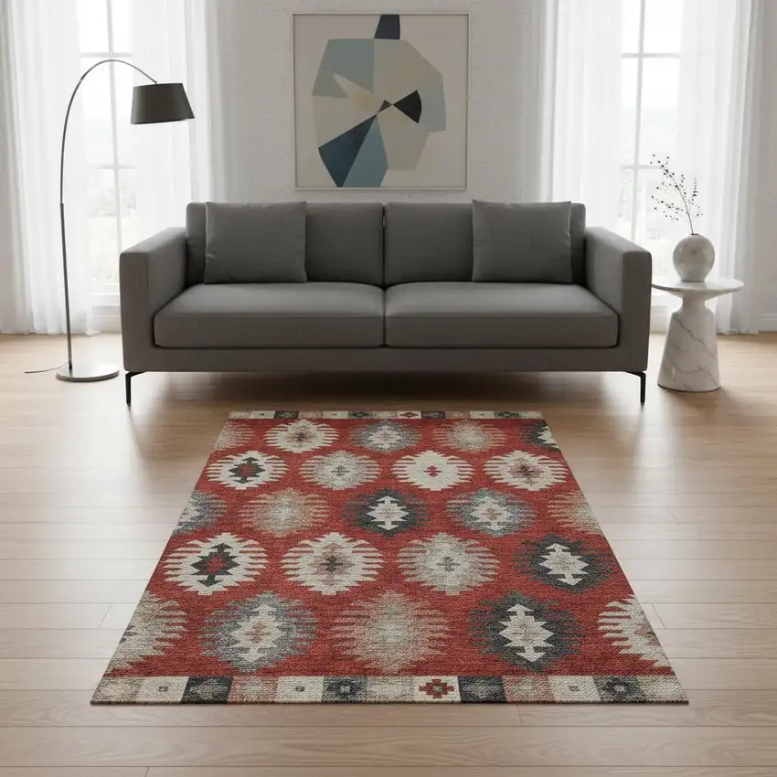 Red Ivory And Gray Southwestern Washable Area Rug With UV Protection Photo 2