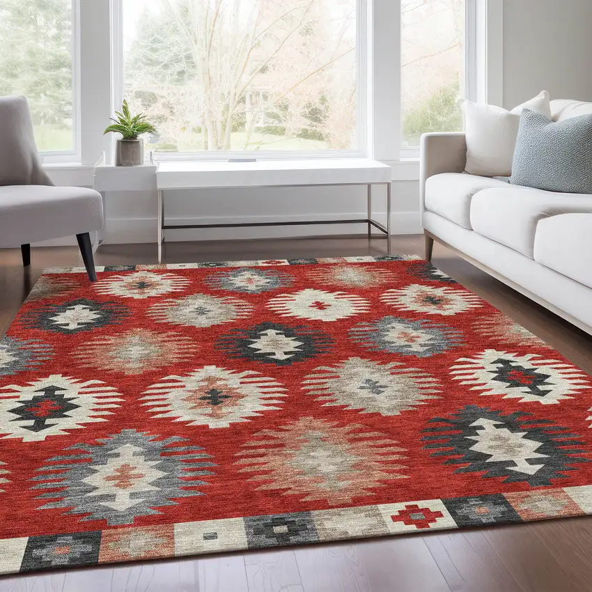 Red Ivory And Gray Southwestern Washable Area Rug With UV Protection Photo 5