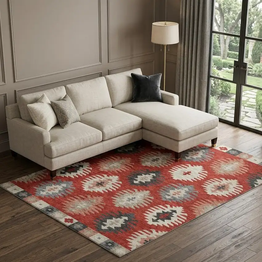Red Ivory And Gray Southwestern Washable Area Rug With UV Protection Photo 1