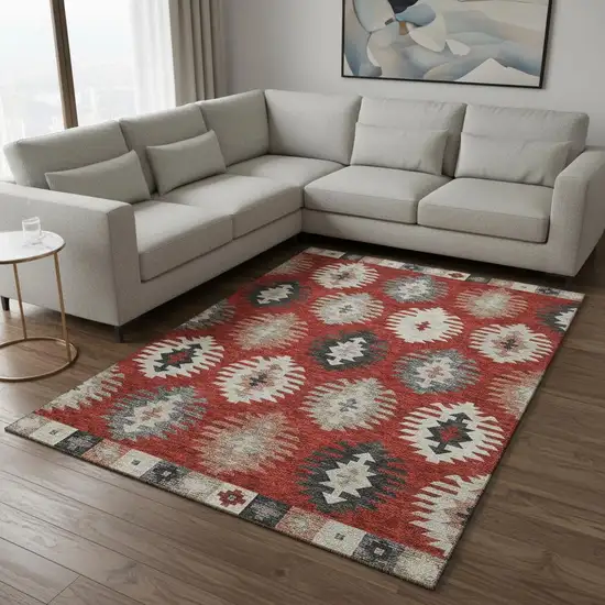 Red Ivory And Gray Southwestern Washable Area Rug With UV Protection Photo 2
