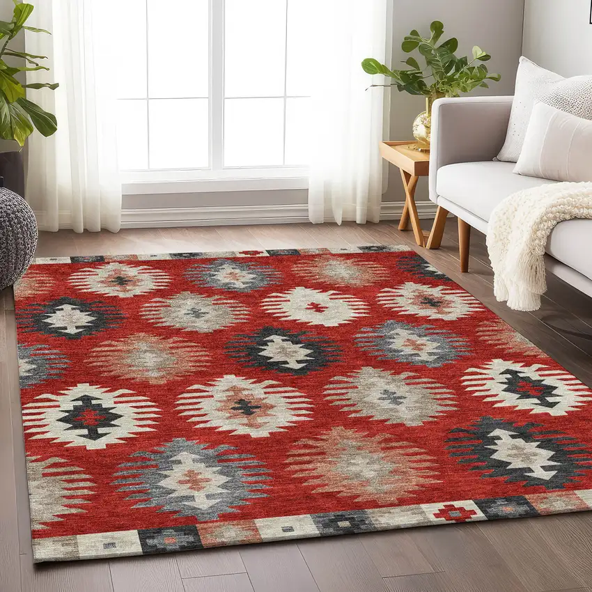 Red Ivory And Gray Southwestern Washable Area Rug With UV Protection Photo 4