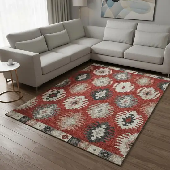 Red Ivory And Gray Southwestern Washable Area Rug With UV Protection Photo 2