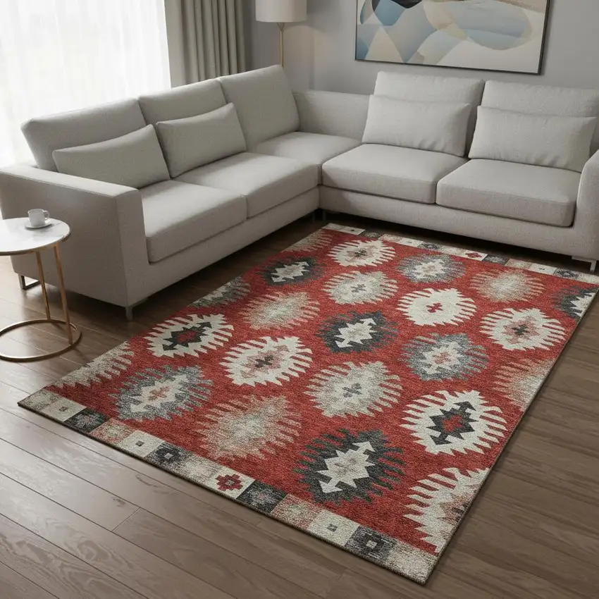 Red Ivory And Gray Southwestern Washable Area Rug With UV Protection Photo 2