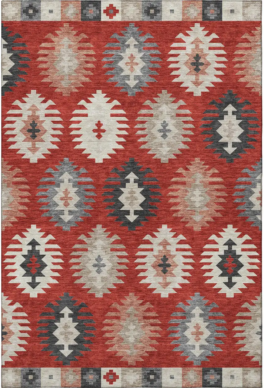 Red Ivory And Gray Southwestern Washable Area Rug With UV Protection Photo 3