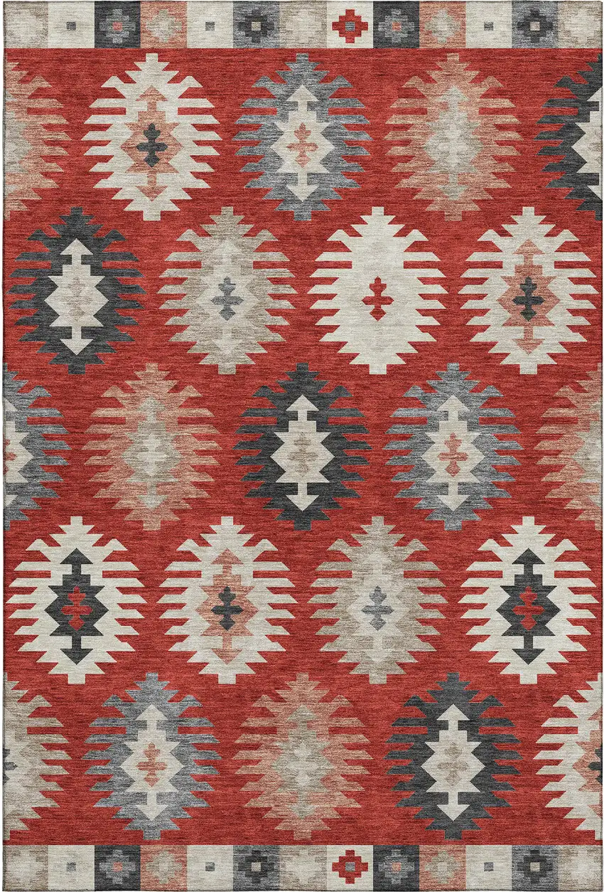 Red Ivory And Gray Southwestern Washable Area Rug With UV Protection Photo 1