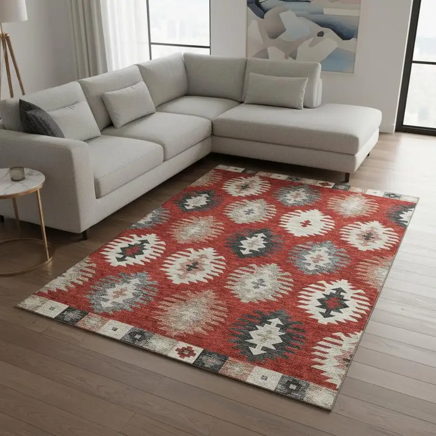 Red Ivory And Gray Southwestern Washable Area Rug With UV Protection Photo 2