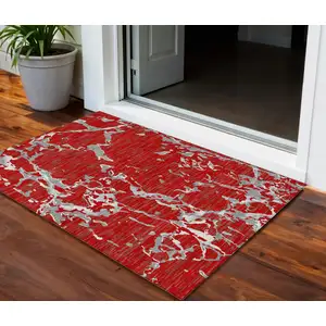 Photo of Red Ivory And Gray Striped Washable Indoor Outdoor Area Rug