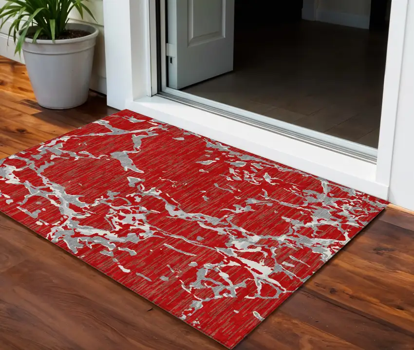 Red Ivory And Gray Striped Washable Indoor Outdoor Area Rug Photo 1