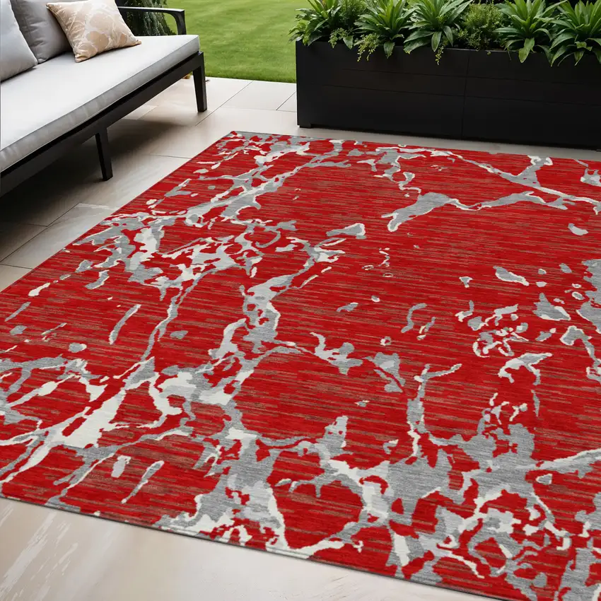 Red Ivory And Gray Striped Washable Indoor Outdoor Area Rug Photo 1
