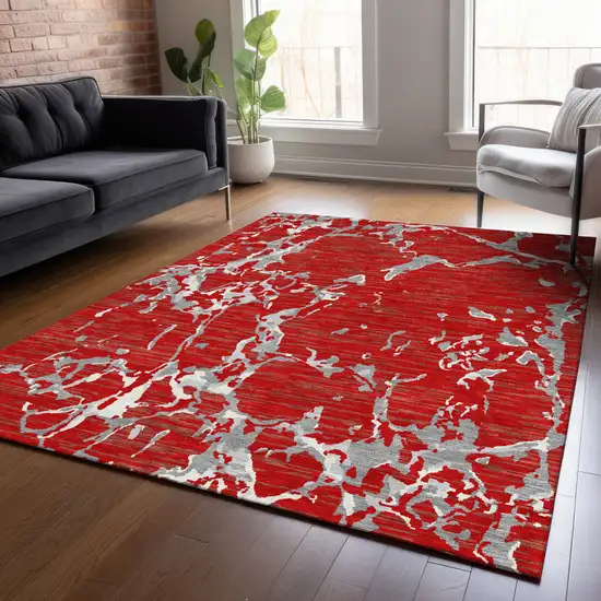 Red Ivory And Gray Striped Washable Indoor Outdoor Area Rug Photo 8