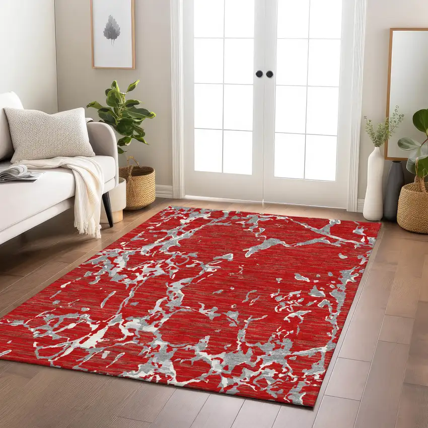 Red Ivory And Gray Striped Washable Indoor Outdoor Area Rug Photo 9