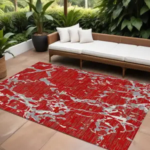 Photo of Red Ivory And Gray Striped Washable Indoor Outdoor Area Rug