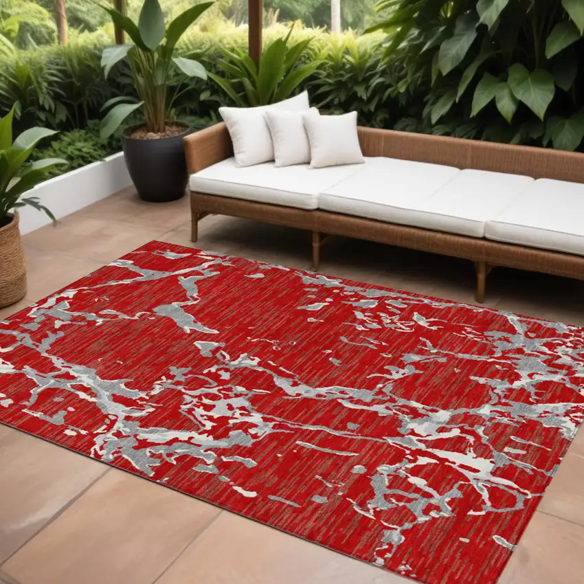 Red Ivory And Gray Striped Washable Indoor Outdoor Area Rug Photo 1