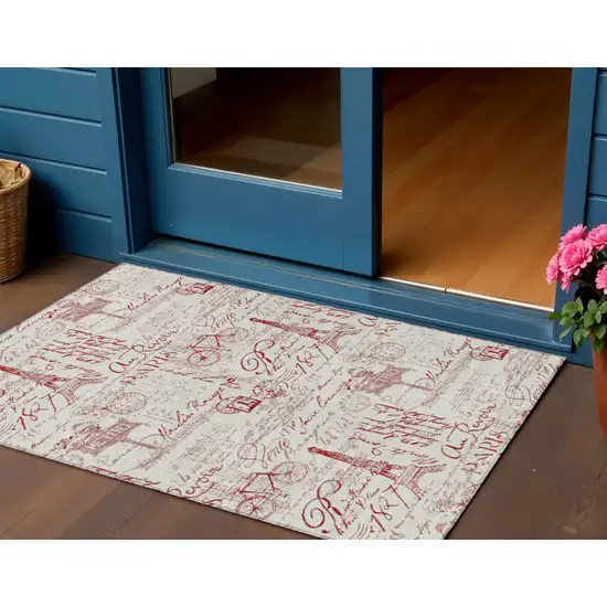 Red Ivory And Merlot Toile Washable Indoor Outdoor Area Rug Photo 2