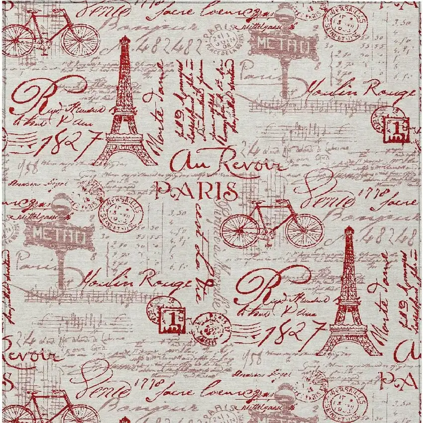 Red Ivory And Merlot Toile Washable Indoor Outdoor Area Rug Photo 4