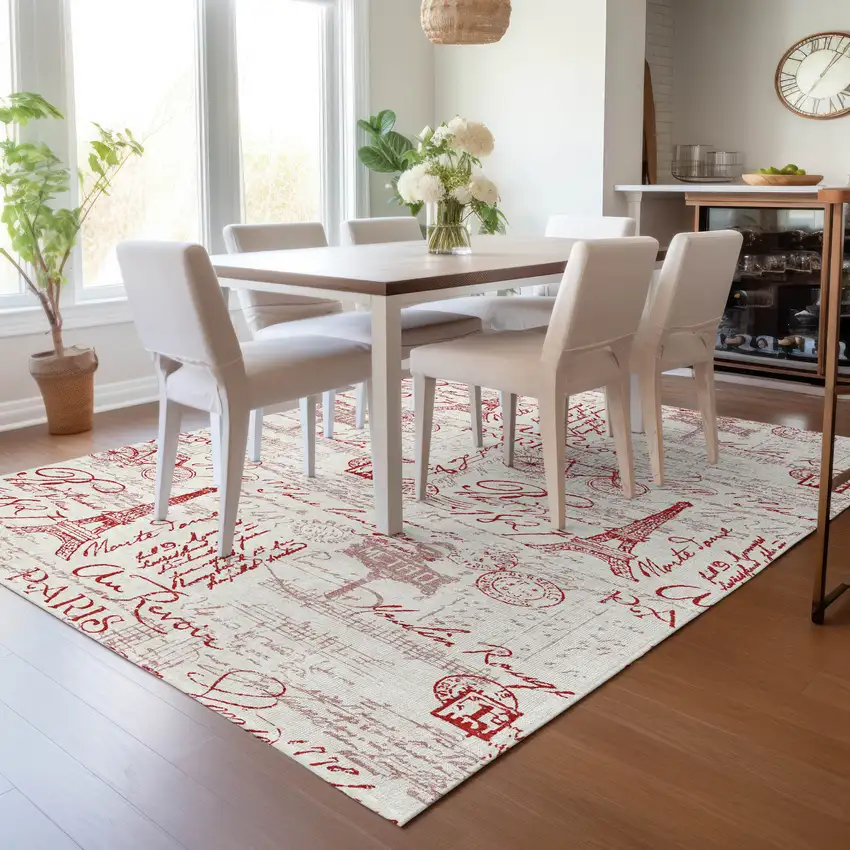 Red Ivory And Merlot Toile Washable Indoor Outdoor Area Rug Photo 9