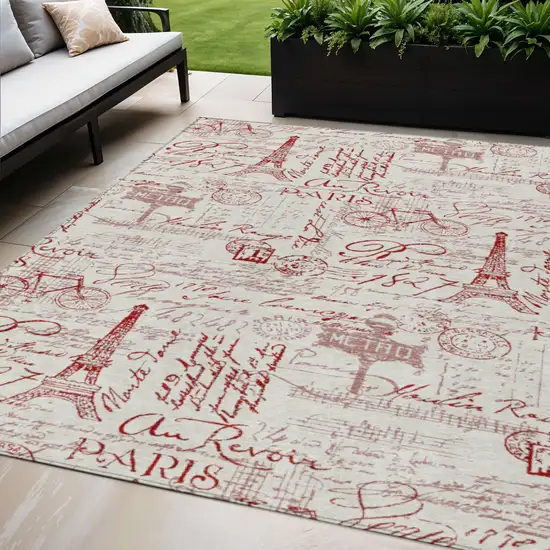Red Ivory And Merlot Toile Washable Indoor Outdoor Area Rug Photo 2
