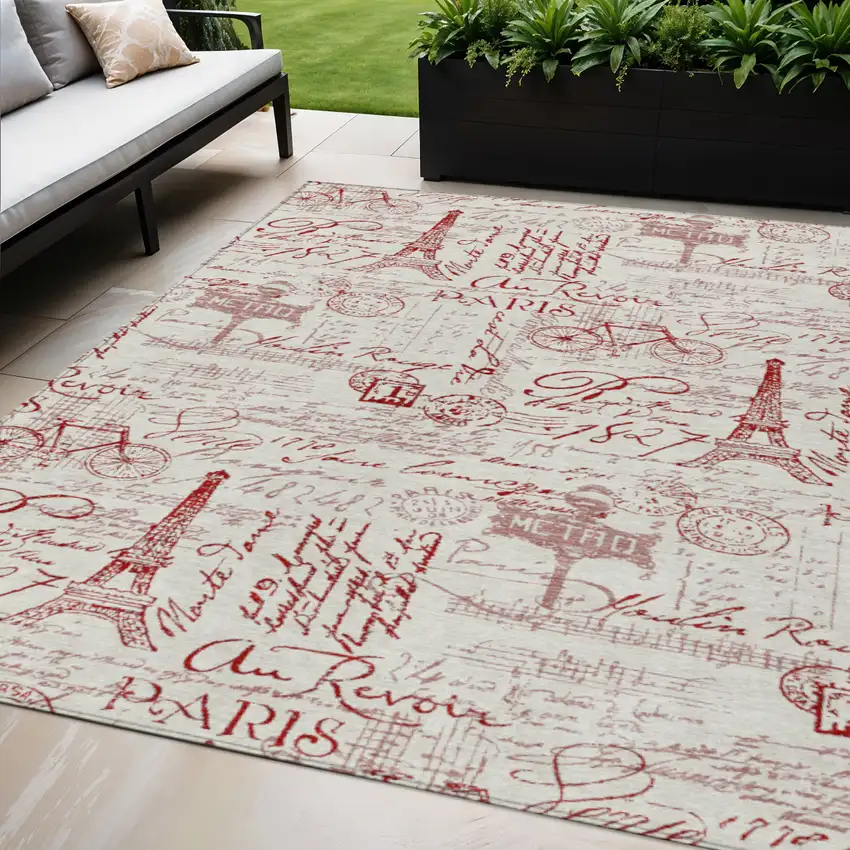 Red Ivory And Merlot Toile Washable Indoor Outdoor Area Rug Photo 2