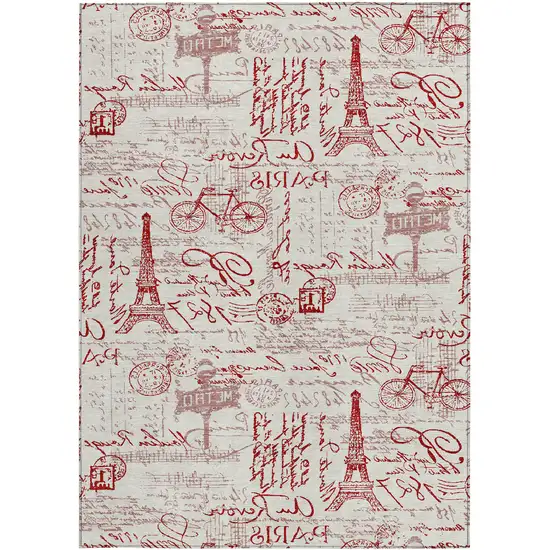 Red Ivory And Merlot Toile Washable Indoor Outdoor Area Rug Photo 3