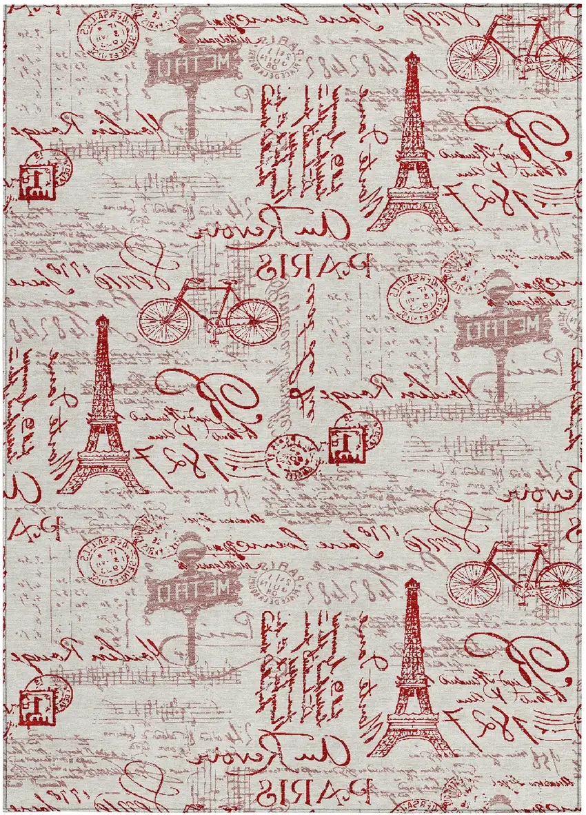 Red Ivory And Merlot Toile Washable Indoor Outdoor Area Rug Photo 3