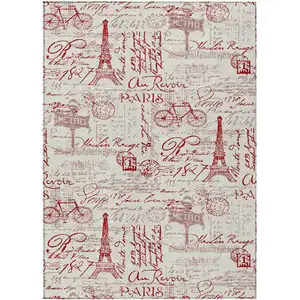 Photo of Red Ivory And Merlot Toile Washable Indoor Outdoor Area Rug