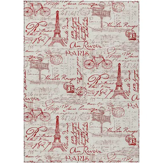 Red Ivory And Merlot Toile Washable Indoor Outdoor Area Rug Photo 1