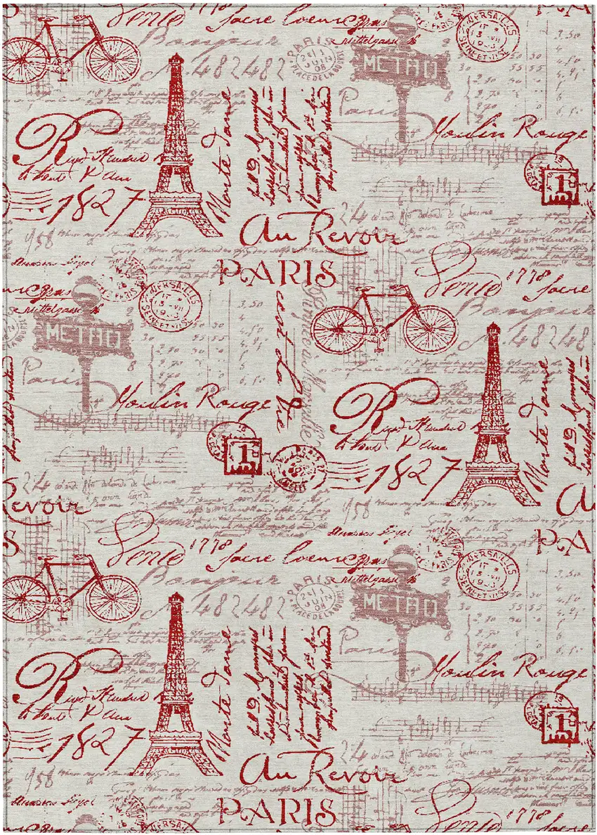 Red Ivory And Merlot Toile Washable Indoor Outdoor Area Rug Photo 1