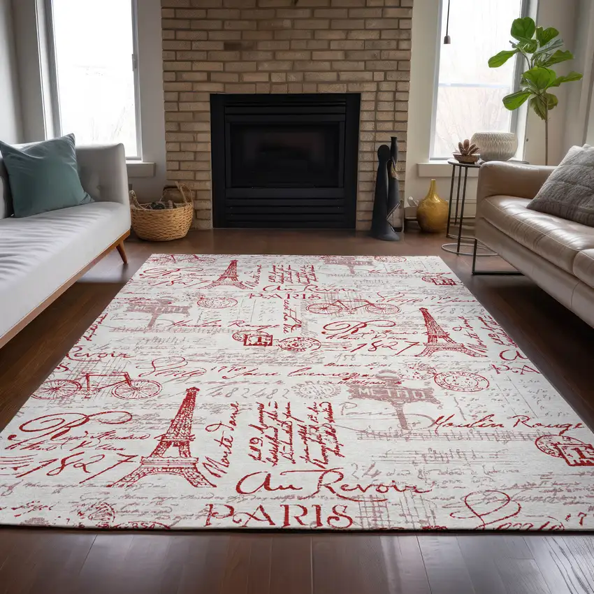 Red Ivory And Merlot Toile Washable Indoor Outdoor Area Rug Photo 9