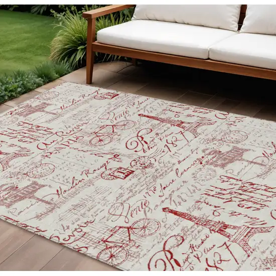 Red Ivory And Merlot Toile Washable Indoor Outdoor Area Rug Photo 2
