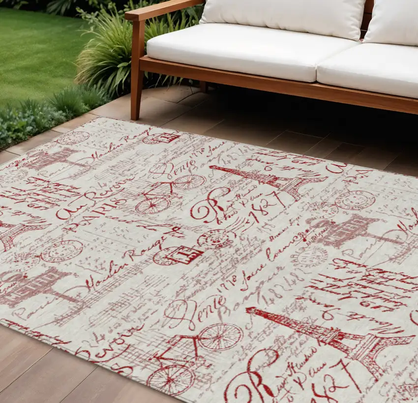 Red Ivory And Merlot Toile Washable Indoor Outdoor Area Rug Photo 2