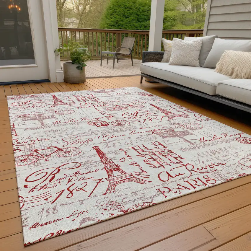 Red Ivory And Merlot Toile Washable Indoor Outdoor Area Rug Photo 7