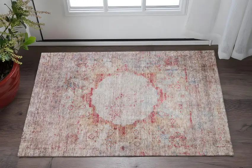 Red Ivory And Orange Oriental Washable Area Rug With UV Protection Photo 2