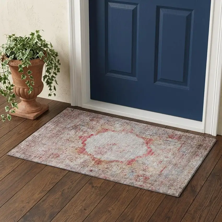 Red Ivory And Orange Oriental Washable Area Rug With UV Protection Photo 1