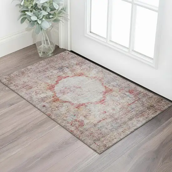 Red Ivory And Orange Oriental Washable Area Rug With UV Protection Photo 1