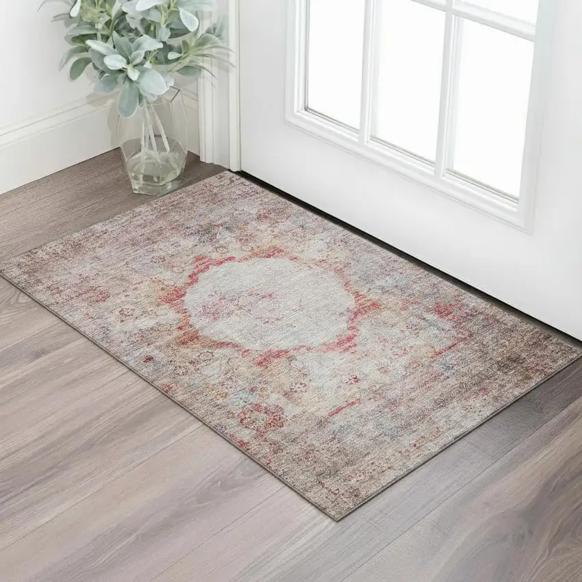 Red Ivory And Orange Oriental Washable Area Rug With UV Protection Photo 1