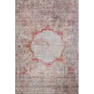 Photo of Red Ivory And Orange Oriental Washable Area Rug With UV Protection