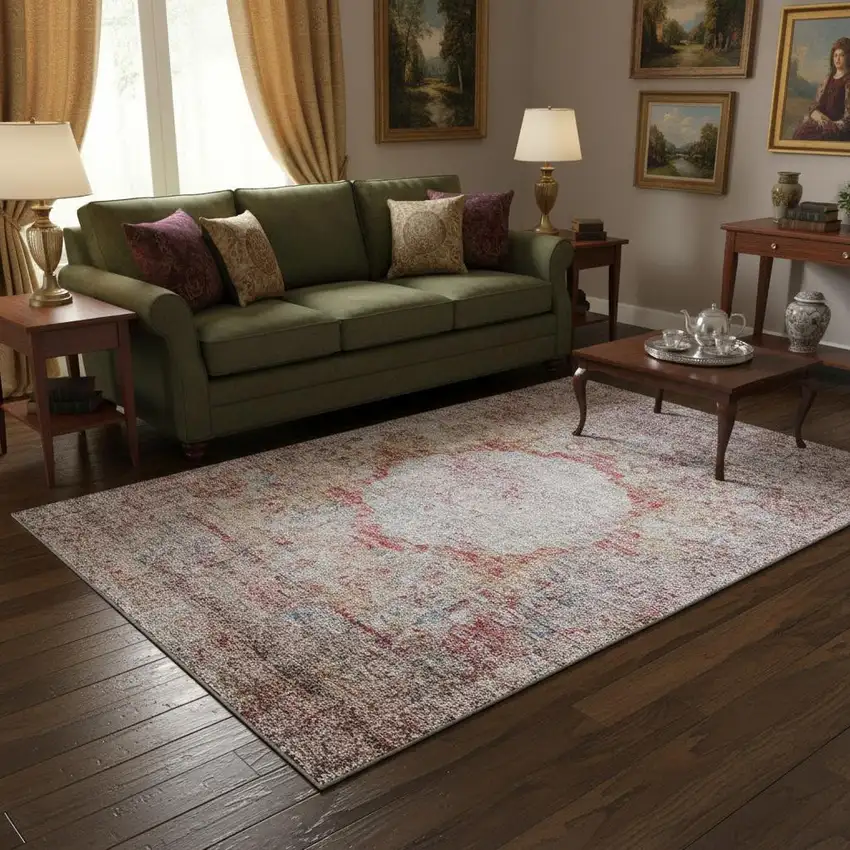 Red Ivory And Orange Oriental Washable Area Rug With UV Protection Photo 1