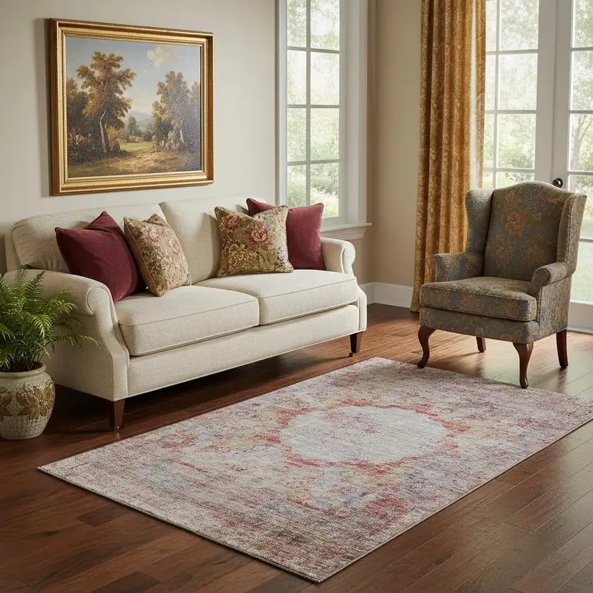 Red Ivory And Orange Oriental Washable Area Rug With UV Protection Photo 1