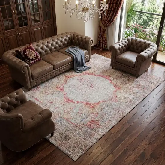 Red Ivory And Orange Oriental Washable Area Rug With UV Protection Photo 1