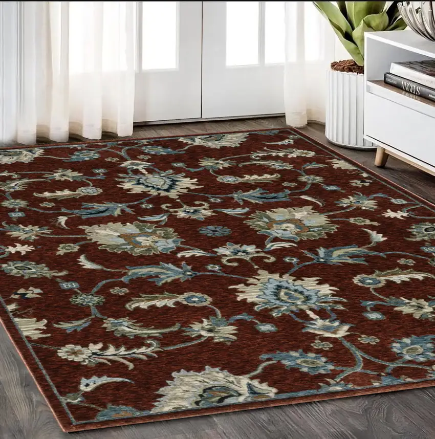 Red Ivory And Teal Oriental Area Rug With Fringe Photo 1