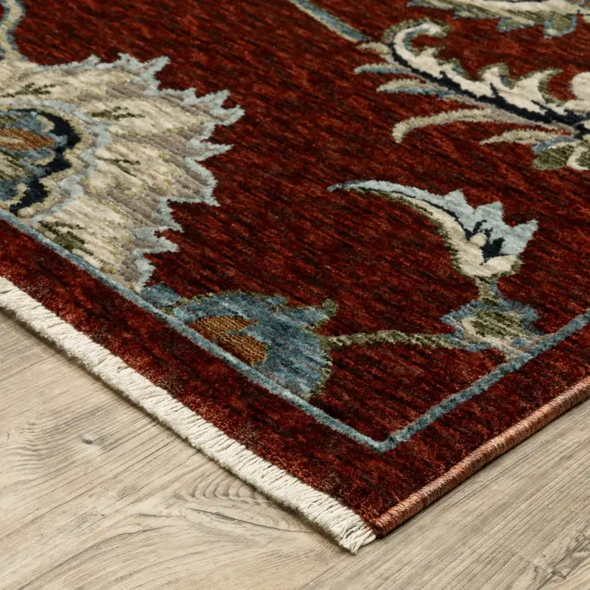 Red Ivory And Teal Oriental Area Rug With Fringe Photo 9