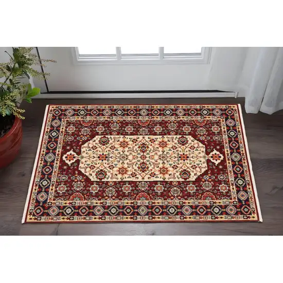 Red Ivory Blue And Orange Oriental Power Loom Stain Resistant Area Rug With Fringe Photo 1