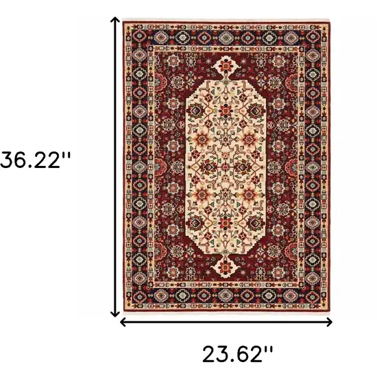 Red Ivory Blue And Orange Oriental Power Loom Stain Resistant Area Rug With Fringe Photo 3