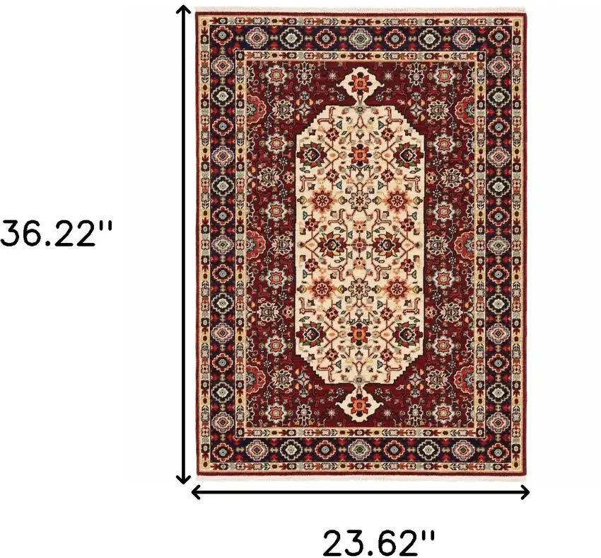 Red Ivory Blue And Orange Oriental Power Loom Stain Resistant Area Rug With Fringe Photo 3