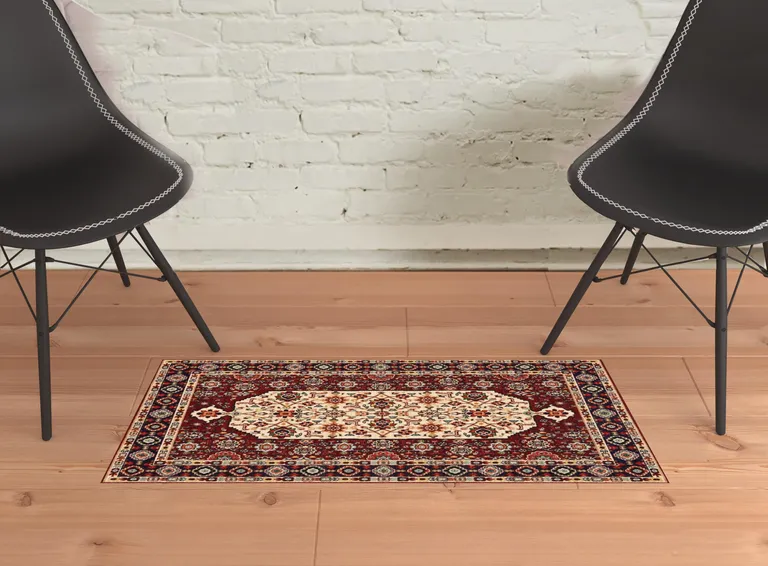 Red Ivory Blue And Orange Oriental Power Loom Stain Resistant Area Rug With Fringe Photo 3