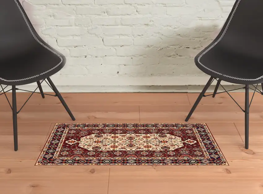 Red Ivory Blue And Orange Oriental Power Loom Stain Resistant Area Rug With Fringe Photo 3