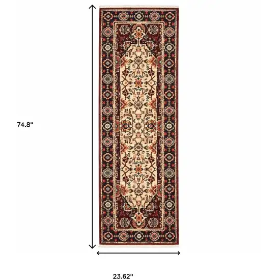 2' X 6' Red Ivory Blue And Orange Oriental Power Loom Stain Resistant Runner Rug With Fringe Photo 3