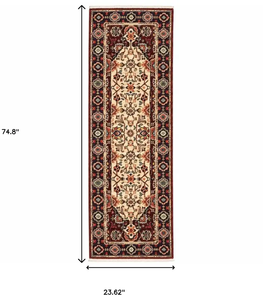2' X 6' Red Ivory Blue And Orange Oriental Power Loom Stain Resistant Runner Rug With Fringe Photo 3